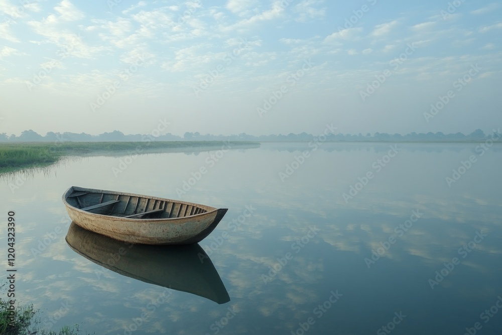 Tranquil scene featuring a small wooden boat floating on a calm lake at sunset, with the colorful clouds reflecting beautifully on the water's surface Tranquil scene featuring a small wooden boat floating on a calm lake at sunset, with the colorful clouds reflecting beautifully on the water's surface