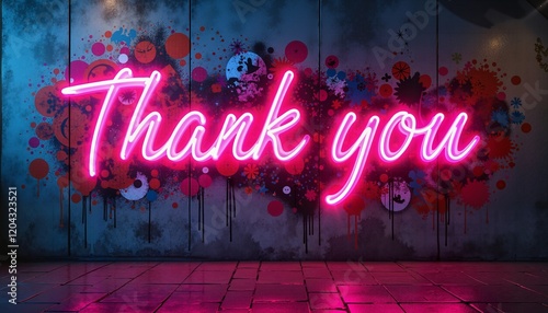 Neon Thank You sign on artistic graffiti wall, colorful street art expression