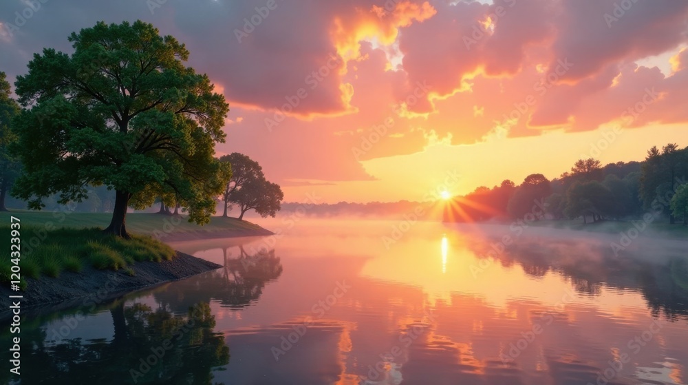 Obraz premium Serene sunrise over tranquil lake, majestic trees reflected in calm water, soft morning mist