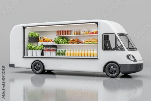 Stylish Food Truck Design with Gourmet Takeaway Options and Vibrant Interior â€“ 3D Render for Delivery and Street Food Enthusiasts photo