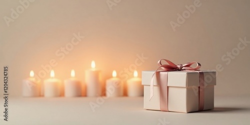 A thoughtfully presented gift box adorned with a delicate pink ribbon, illuminated by the soft glow of surrounding candles, creates a serene and celebratory atmosphere.