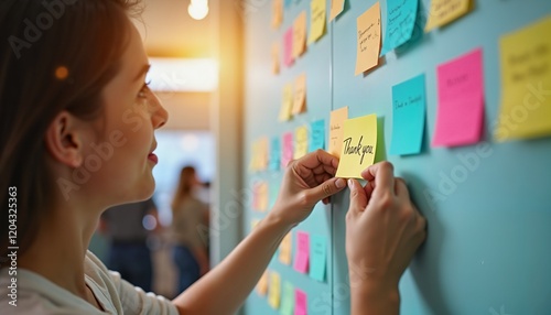 Woman adding sticky note with Thank You on colorful board for teamwork appreciation