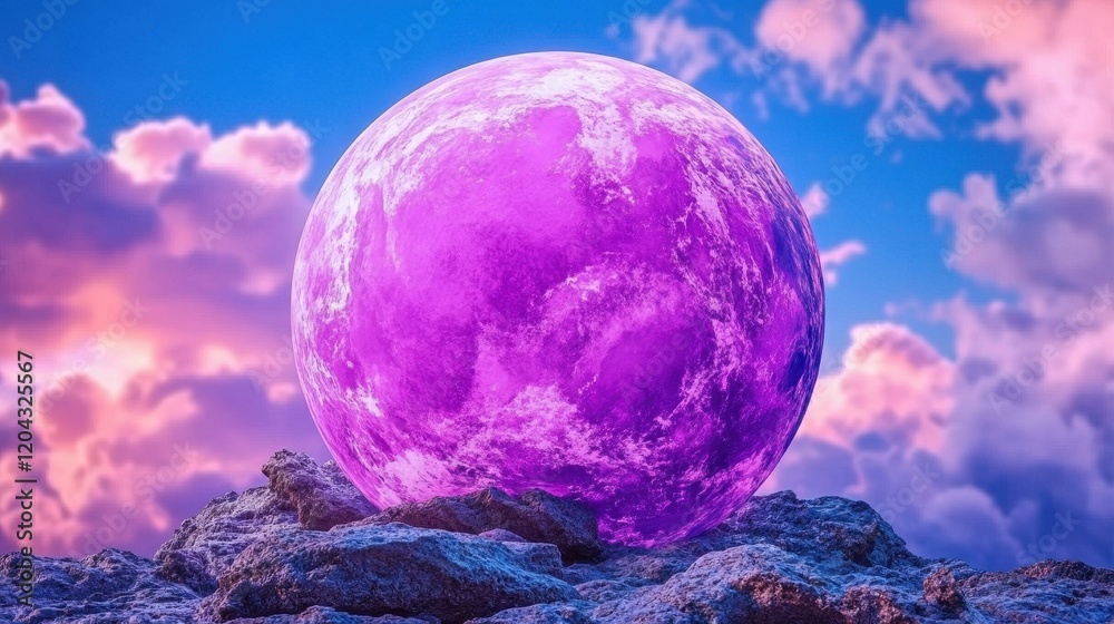 Obraz premium Purple Celestial Orb on Rocky Peak: A Dreamlike Cosmic Landscape