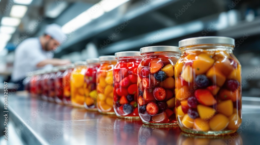 Assorted fruit compote jars lined up in industrial kitchen, culinary variety Assorted fruit compote jars lined up in industrial kitchen, culinary variety