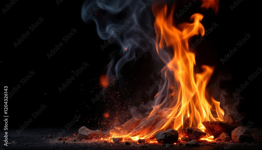 Realistic orange and red Fire flames burning with dramatic black background Realistic orange and red Fire flames burning with dramatic black background