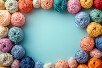 Many colorful yarn balls forming a frame on a light blue background, creating a vibrant and inspiring space for crafting projects
