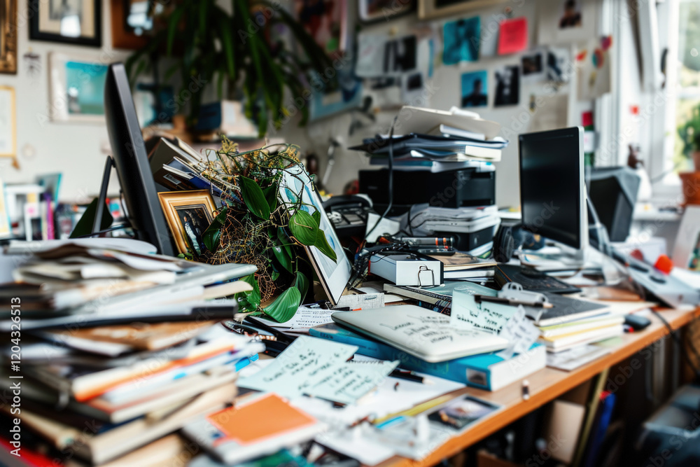 Cluttered Home Office Desk with Scattered Papers, Office Supplies and Digital Devices in Messy Workspace Environment Cluttered Home Office Desk with Scattered Papers, Office Supplies and Digital Devices in Messy Workspace Environment