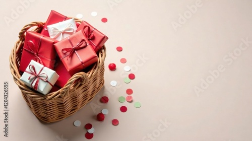 A wicker basket overflowing with festively wrapped presents, scattered confetti adds a celebratory touch to this cheerful scene of gifting