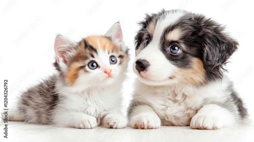 Adorable kitten and puppy looking at each other, isolated on white background. Adorable kitten and puppy looking at each other, isolated on white background.