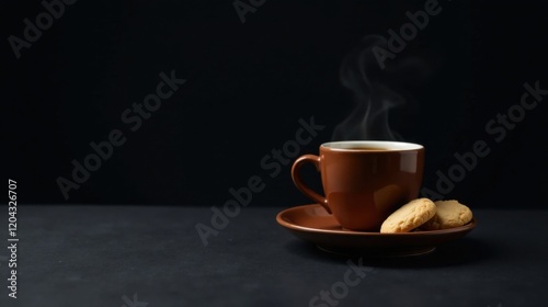 Aromatic Coffee Steam Rising from a Brown Mug with Two Sweet Biscuits on a Dark Surface