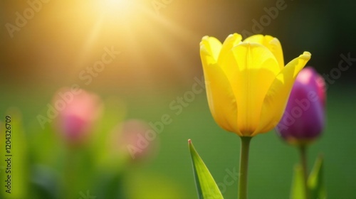 A Vibrant Yellow Tulip Basking in the Warm Golden Sunlight of a Spring Day, Surrounded by Softly Focused Blossoms