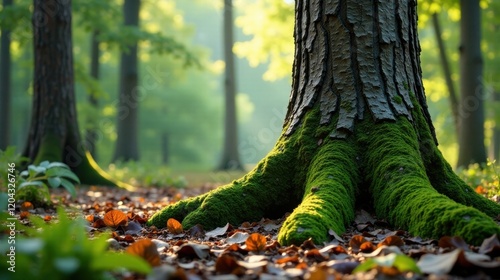 A Majestic Tree Base Covered in Lush Green Moss, Sunlight Filtering Through the Canopy of a Tranquil Woodland