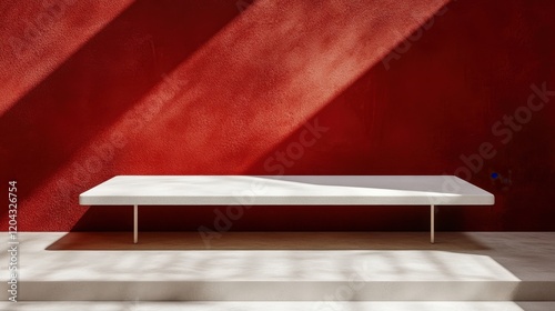 Minimalist White Bench Against a Red Wall: A Study in Contrast and Light