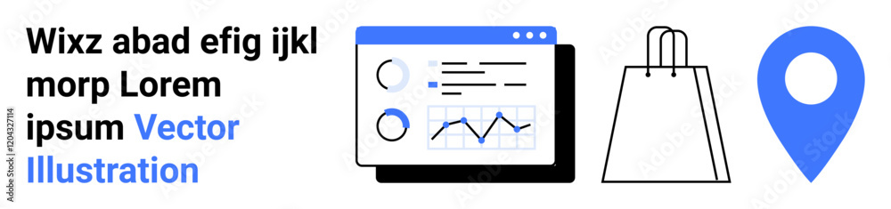 Business analytics screen with data charts, a shopping bag, and a blue location pin. Ideal for online shopping, data analysis, logistics, retail, business strategy marketing and e-commerce. Landing Business analytics screen with data charts, a shopping bag, and a blue location pin. Ideal for online shopping, data analysis, logistics, retail, business strategy marketing and e-commerce. Landing