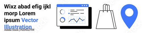 Business analytics screen with data charts, a shopping bag, and a blue location pin. Ideal for online shopping, data analysis, logistics, retail, business strategy marketing and e-commerce. Landing