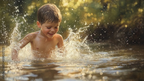 The young boy, full of joy, splashes in a natural setting, his innocent playfulness and the flowing water creating a scene of simple, unspoiled happiness.
