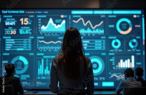 Team analyzes futuristic data displays. Tech experts review marketing insight. Mapping customer journeys. Planning brand strategies. Modern tech dashboard with graphs. Team collaborates in office photo