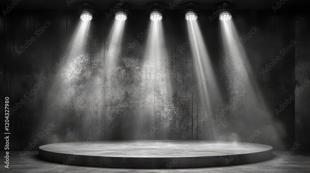 Obraz premium Dramatic Stage Lighting: Concrete Podium Illuminated by Five Spotlights