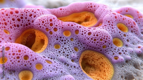 Abstract Purple and Orange Foamy Texture: A Close-Up Macro Shot Revealing Intricate Cellular Details