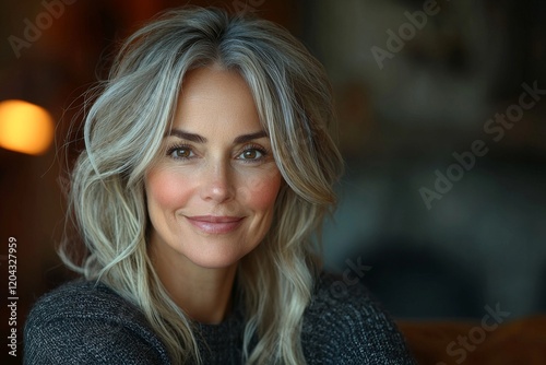 Wallpaper Mural A cheerful middle-aged woman captures a selfie with a natural expression, in a softly lit close-up portrait Torontodigital.ca