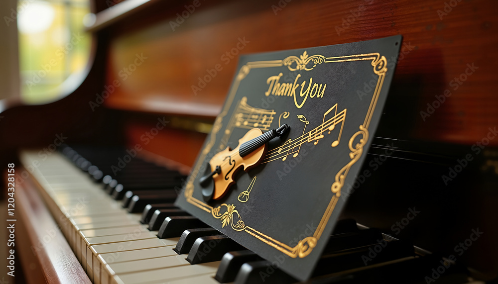 Elegant Thank You card on piano keys with gold accents, perfect for musical appreciation Elegant Thank You card on piano keys with gold accents, perfect for musical appreciation