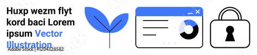 Blue leaf, data analytics interface with pie chart, and padlock. Ideal for data security, technology, digital marketing, nature, growth privacy and web design concepts. Landing page