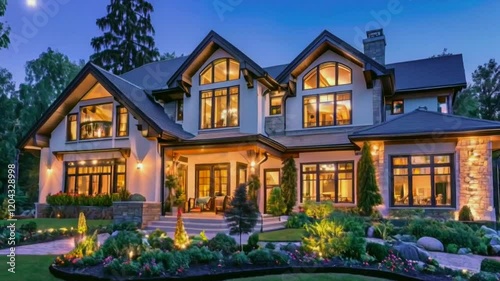 A two-story home with a modern design architecture or luxury real estate large windows