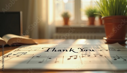 Thank You note on musical sheet in soft sunlight, gratitude expression for music lovers