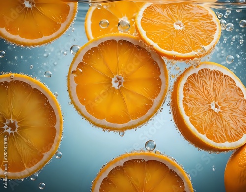 Juicy Orange Slices Underwater: A Vibrant, Bubbly Still Life photo