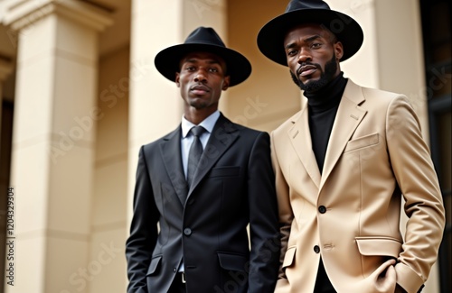 Two stylish black men in suits, hats stand outdoors. Dressed in fashionable, expensive clothing. One man wears black suit, beige suit. Both confident, well-groomed. Posing for fashion portrait in photo