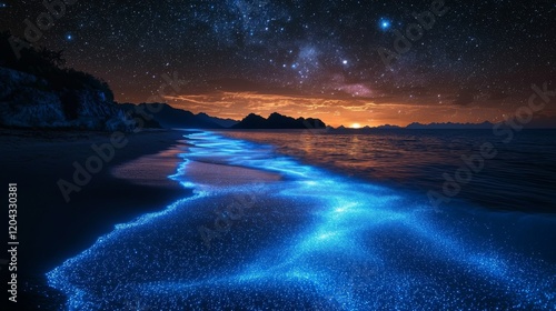 A captivating scene of bioluminescent plankton lighting up the sea at night photo