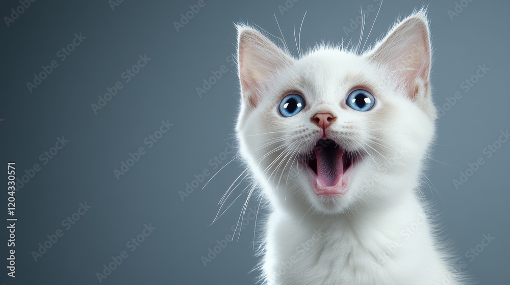 White kitten with surprised expression on blue background White kitten with surprised expression on blue background