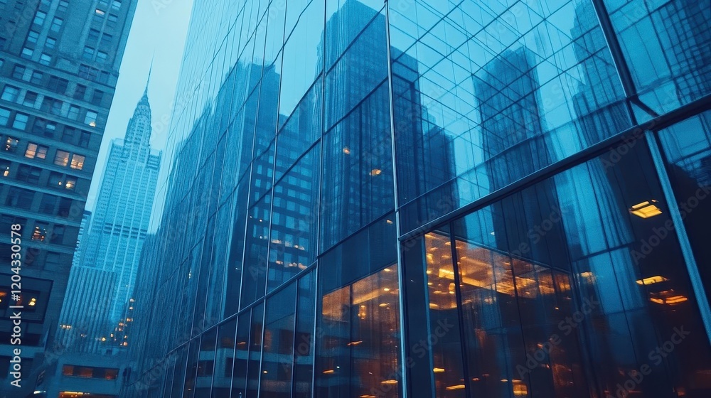 Fototapeta premium Modern glass building, close-up of sleek glass facade, reflections of the city skyline