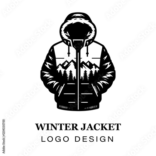  Black and white winter jacket with fur hood vector logo design, featuring stylized modern coat illustration for branding, apparel, and graphic art projects.
