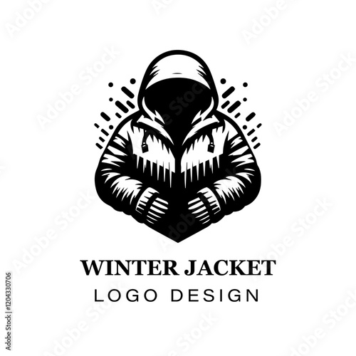  Black and white winter jacket with fur hood vector logo design, featuring stylized modern coat illustration for branding, apparel, and graphic art projects.
