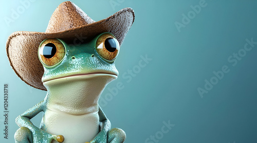 Cartoon Cowboy Frog, a whimsical amphibian dressed in cowboy attire, featuring light green skin and playful accessories, set against a vibrant backdrop. photo