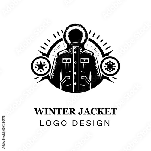  Black and white winter jacket with fur hood vector logo design, featuring stylized modern coat illustration for branding, apparel, and graphic art projects.

