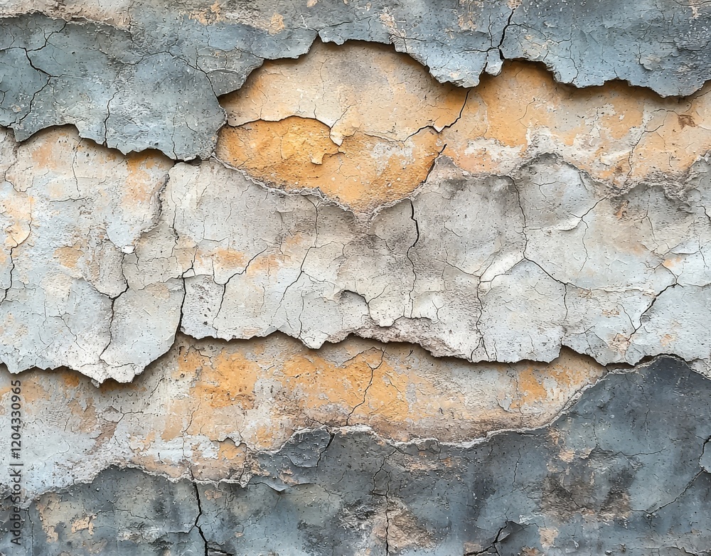 A close-up shot of a weathered concrete wall highlights its rugged beauty through its textured surface featuring cracks, stains, and peeling paint