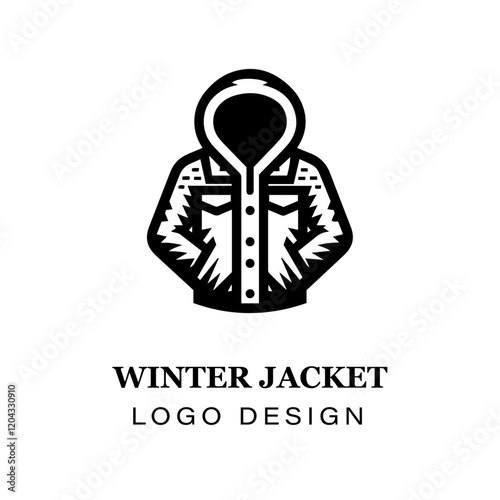  Black and white winter jacket with fur hood vector logo design, featuring stylized modern coat illustration for branding, apparel, and graphic art projects.

