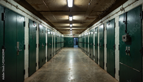 Empty prison cell block corridor with green doors, silent abandonment