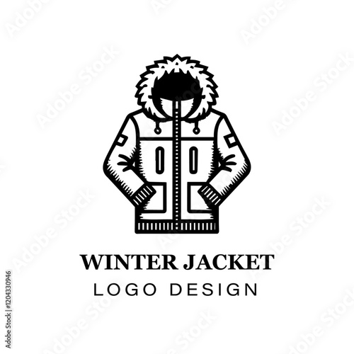  Black and white winter jacket with fur hood vector logo design, featuring stylized modern coat illustration for branding, apparel, and graphic art projects.
