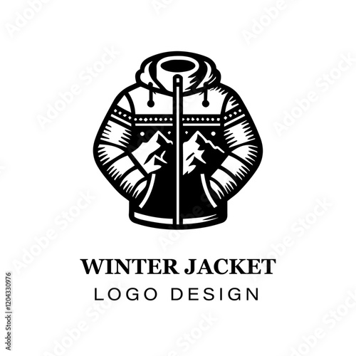  Black and white winter jacket with fur hood vector logo design, featuring stylized modern coat illustration for branding, apparel, and graphic art projects.
