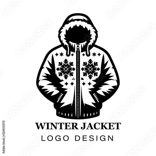  Black and white winter jacket with fur hood vector logo design, featuring stylized modern coat illustration for branding, apparel, and graphic art projects.
