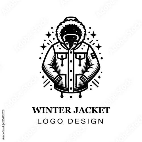  Black and white winter jacket with fur hood vector logo design, featuring stylized modern coat illustration for branding, apparel, and graphic art projects.

