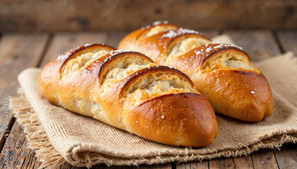 Freshly baked baguette bread on rustic table, culinary delight Freshly baked baguette bread on rustic table, culinary delight