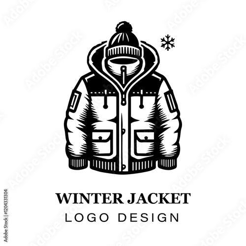  Black and white winter jacket with fur hood vector logo design, featuring stylized modern coat illustration for branding, apparel, and graphic art projects.
