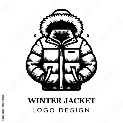  Black and white winter jacket with fur hood vector logo design, featuring stylized modern coat illustration for branding, apparel, and graphic art projects.
