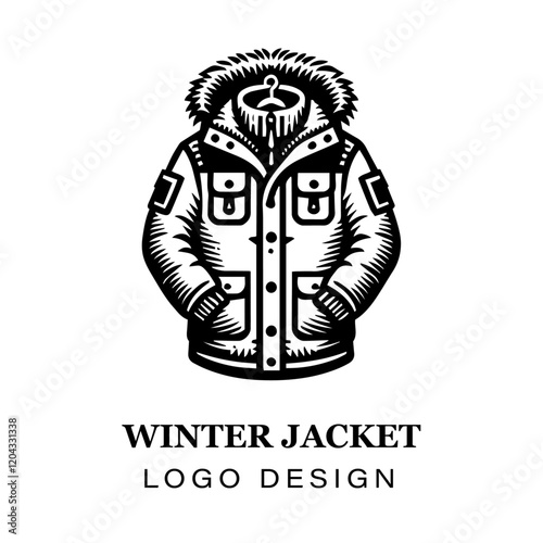  Black and white winter jacket with fur hood vector logo design, featuring stylized modern coat illustration for branding, apparel, and graphic art projects.
