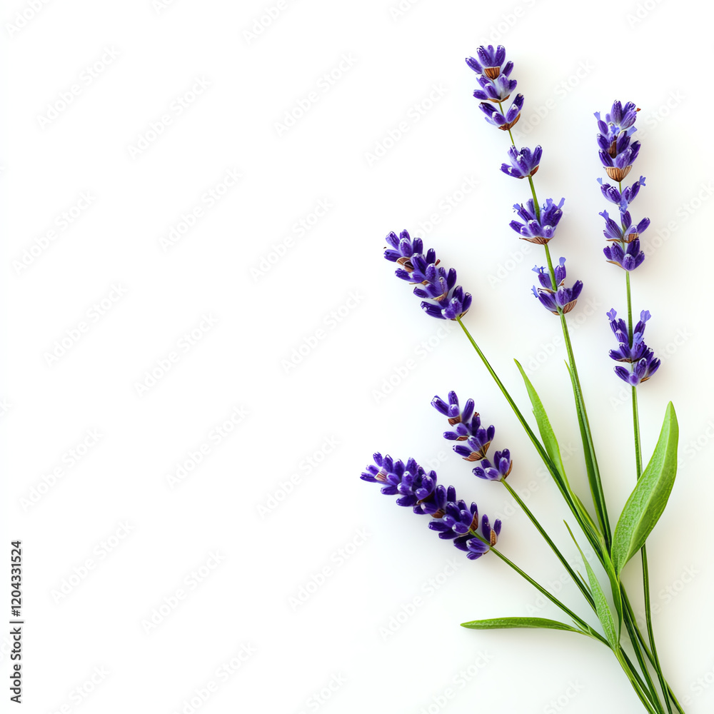 Beautiful lavender blooms with green leaves on a white background, evoking a sense of tranquility and natural beauty. Beautiful lavender blooms with green leaves on a white background, evoking a sense of tranquility and natural beauty.