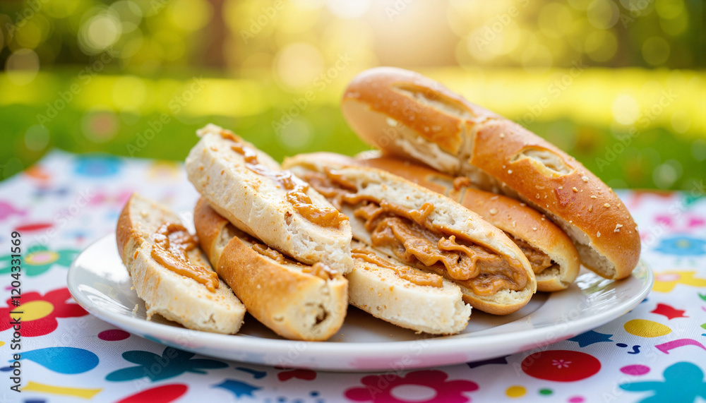 Colorful baguette sandwiches with peanut butter and banana, playful snack concept Colorful baguette sandwiches with peanut butter and banana, playful snack concept